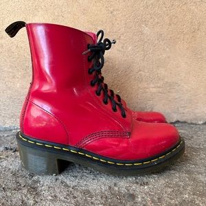 Sold - Dr. Martens Clemency Cherry Red patent leather heeled combat boots 10